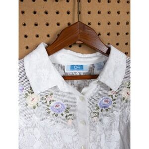 QPS Vintage White Floral Lace Embroidered Button Up Blouse Top  Large Cottage